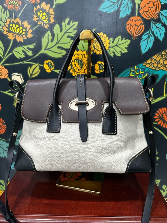 Dooney & Bourke Florentine Leather Satchel Ivory Brown Black Three way carry - Picture 2 of 13